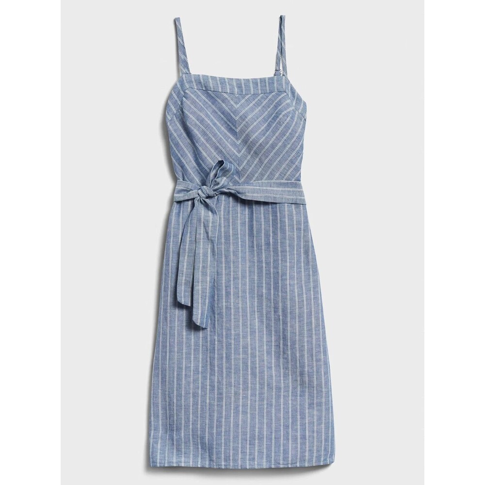 Banana Republic Blue Striped Chambray Linen Blend Belted Shift Dress Size 12 New